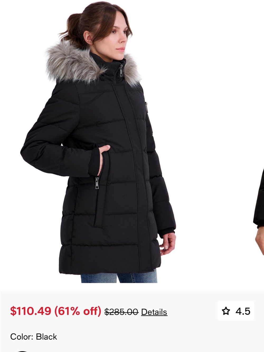 Nautica Black Quilted Puffer Coat with Faux-Fur Trimmed Hood